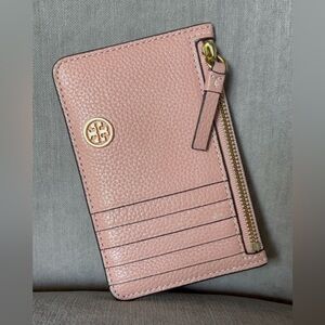 Tory Burch Walker Leather Top Zip Card Case Color: Pink Magnolia